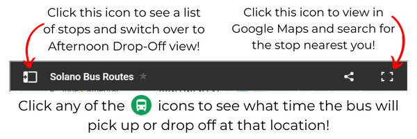 The arrow icon opens a list of stops and drop-off view. The frame icon opens in Google Maps. Click buses for times.